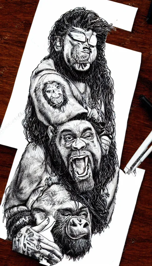 Image similar to ball pen illustration of Post Malone with a gorilla on his back