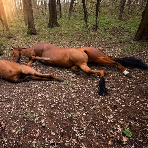 Prompt: two dead horses'body lying on the woods'path, and each horse body has some arrow on it, photo, 8 k