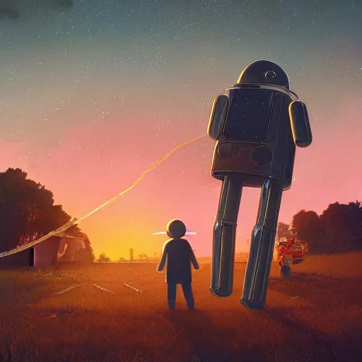 Prompt: metallic android carrying a sleeping child, background of farmland, buildings on fire, no blur, very detailed, nighttime, in the style of Simon Stalenhag