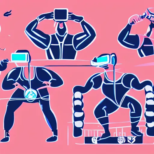 Prompt: wrestlers wearing vr headsets, vr goggles, shrugging, shrugging arms, tap out, minimalistic, trending on art station, digital illustration by matthew skiff