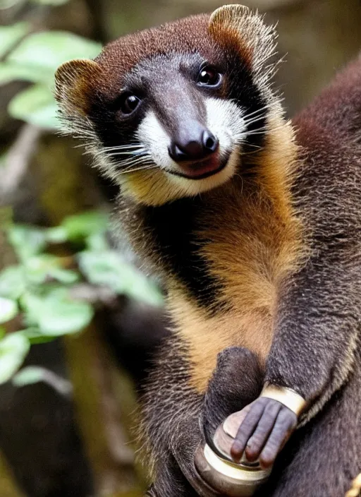 Image similar to coati drinking a whisky bare hands