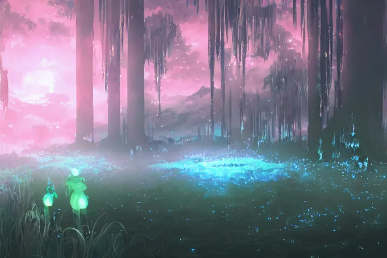 Image similar to scenery artwork, scene beautiful, light essence bioluminescent acrylic and cold nier automata pixiv scenery artwork : nature dream wire vegetation magic density infinite, hypersigil astrology macro seminal dream points of frozen imaginative vaporwave juice fluid dream scenery, high quality astral projection renders, nier automata, concept art