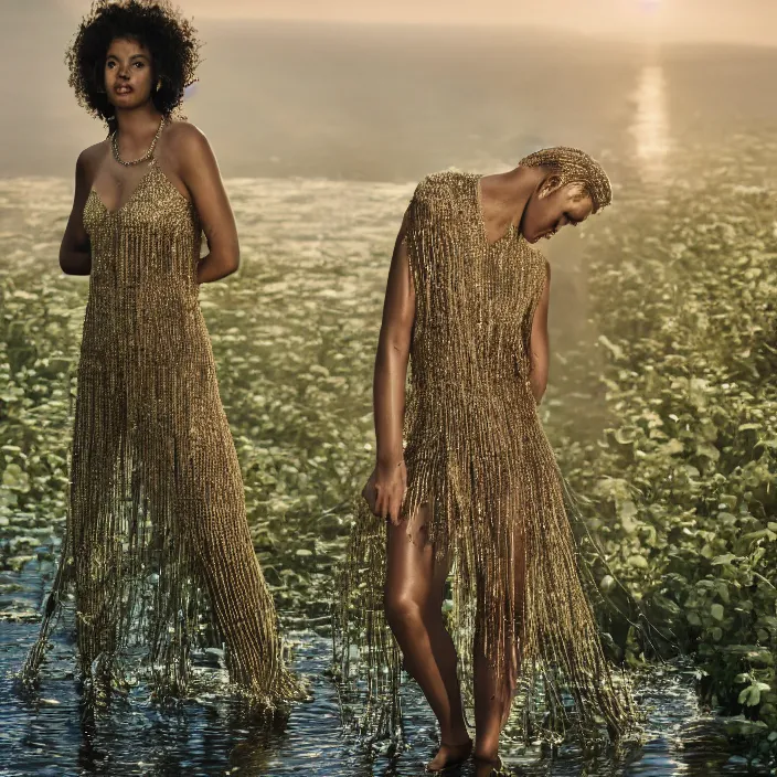 Image similar to a woman with a dress made of ivy chains standing next to water, golden hour, vogue magazine