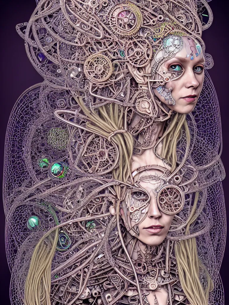 Prompt: full colour beautiful biomechanical female blonde dreadlock cyborg, realistic skin, geometrical octagonal lace tattoos, alexander mcqueen, art nouveau fashion embroidered, futuristic android jones style steampunk, trippy lsd hippie, craftsmanship, intricate silver filigrees, contrast hexagonal mesh wire, mandelbrot fractal mandala, alex grey, giger, hyperreal, photorealistic