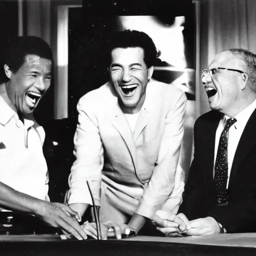 Image similar to black and white photo of world leaders around a table pointing and laughing at a holographic virus