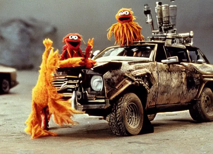Image similar to scene from the 1979 science fiction film Muppet Mad Max