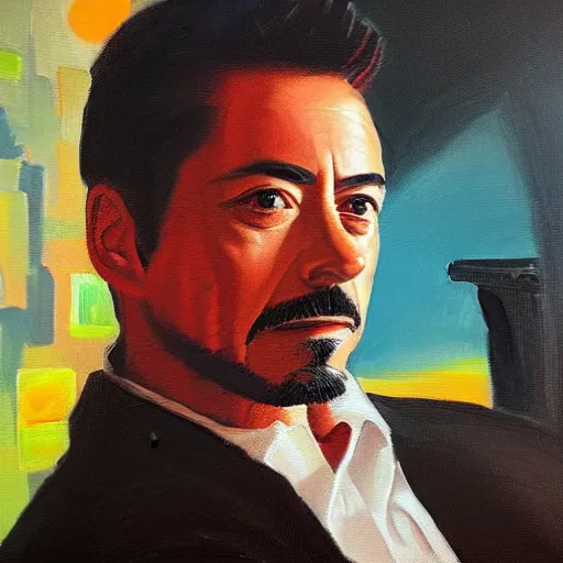 Prompt: oil painting of tony stark sitting in an armchair in a room with the setting sun, by jama jurabaev, brush hard, golden hour, brush stroke