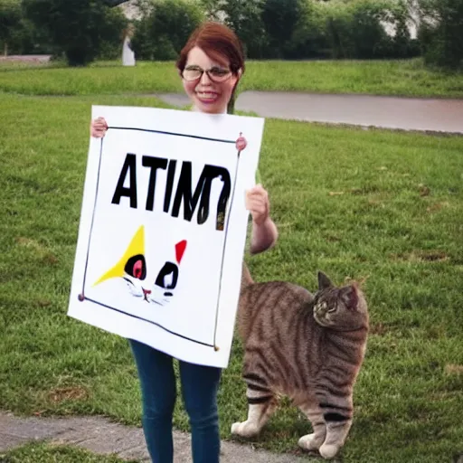 Image similar to realistic perfect cat standing holding up sign saying atom