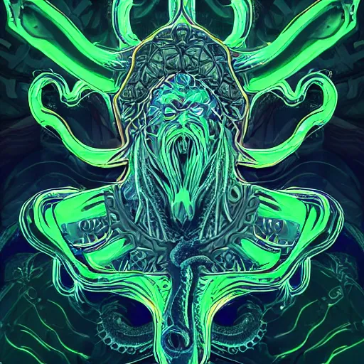 Image similar to 4 k stylized neon headshot of godlike cthulhu with defined arms and open hands and bloody clothes with giant mandala wings, intricate face, flawless anime cel animation by kentaro miura, psychedelic, highly detailed upper body, professionally post - processed, beautiful, scary, symmetry accurate features, epic, octane rendered, anime masterpiece, accurate