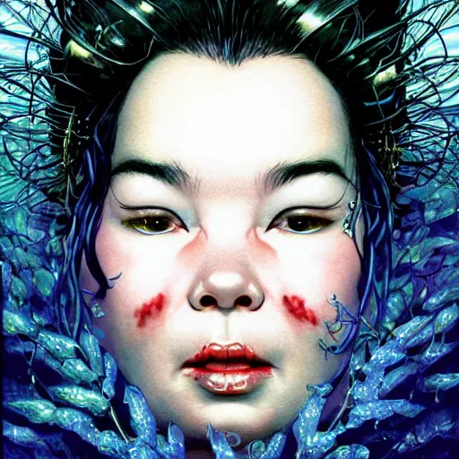 Image similar to portrait of crazy beautiful singer bjork, ymmetrical, by yoichi hatakenaka, masamune shirow, josan gonzales and dan mumford, ayami kojima, takato yamamoto, barclay shaw, karol bak, yukito kishiro