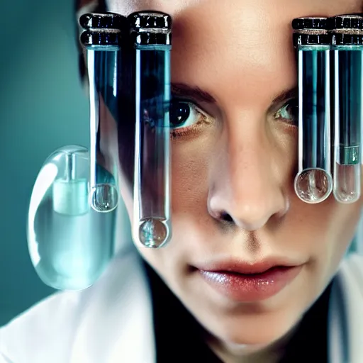 Image similar to portrait beautiful fantastic cyberpunk style doctor scientist using test tubes