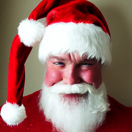 Image similar to muscular santa claus with sticky white glue on his face