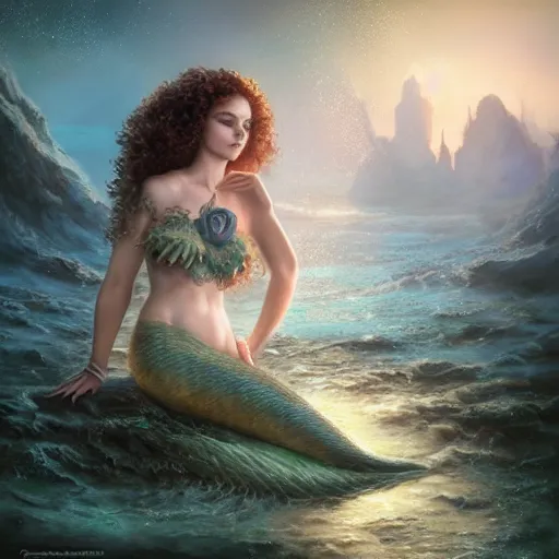 Image similar to beautiful mermaid with curly hair, magical details, magical atmosphere, digital art, matte painting, concept art, devianart, cinematic lighting, hyper - detailed, cgsociety, 3 - d 8 k, high resolution, in the style of charlie bowater, tom bagshaw, alexis franklin, elena masci, pawel rebisz