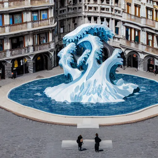 Image similar to A white and blue marble sculpture of The Great Wave off Kanagawa in the middle of an Italian piazza, midday, 4k photograph, sunny day, long shot, overhead view, far away