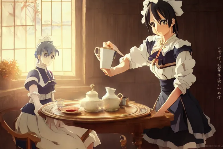 Image similar to anime key visual concept art of anime maid pouring tea gracefully, medieval european style noble manor interior, trending on artstation, brush strokes, oil on canvas, style of kawacy and makoto shinkai and greg rutkowski and studio ghibli