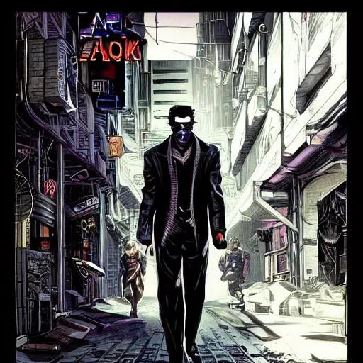 Image similar to a cyberpunk mafia boss with slicked back hair, in a cyberpunk city alleyway, extremely detailed comic book art, cyberpunk, art by stan lee, pen drawing, colorful, bright high tech lights, epic, moody, dramatic, deep shadows, marvel comics, dc comics, trending on artstation