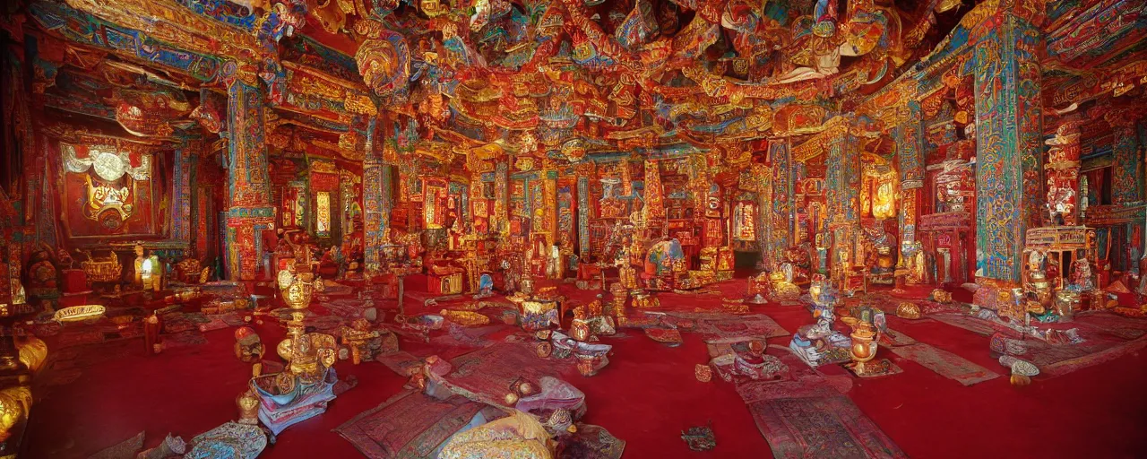 Prompt: an interior of an ancient tibetan temple adorned with intricate spaghetti designs, canon 5 0 mm, cinematic lighting, photography, retro, film, kodachrome, closeup