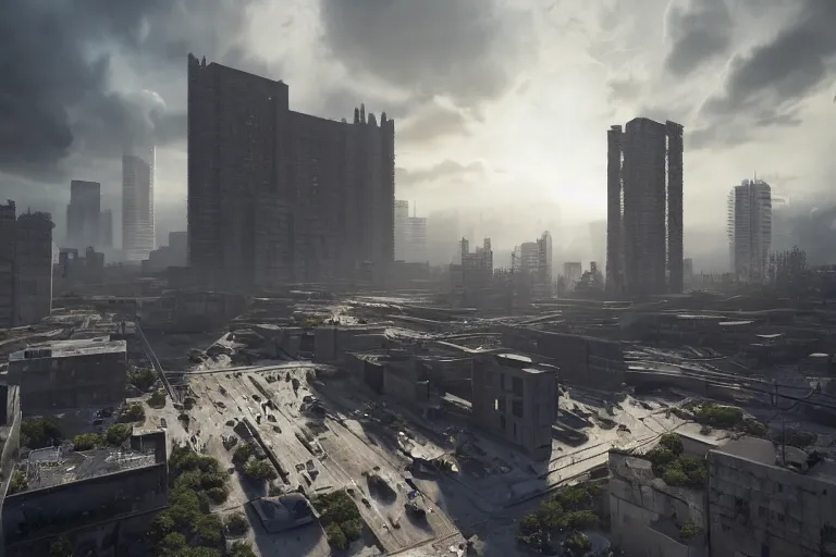 Image similar to streetscape, a towering cathedral of brutalist architecture, buildings covered with greebles, stunning volumetric light, sunset, metal, concrete and translucent material, stunning skies, majestic landscape, trending on Artstation, 8k, photorealistic, hyper detailed, unreal engine 5, IMAX quality, cinematic, epic lighting, in the style of Greg Rutkowski