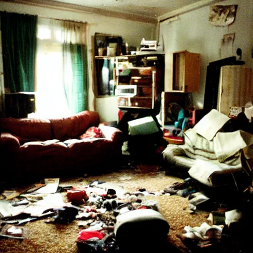 Image similar to a high flash photo of a messy living room, 2 0 0 6, taken with a disposable camera