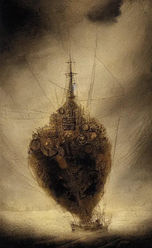 Prompt: Alchemy Steampunk of a Fleet Airships before battle. By Rembrandt painting (1667), fractal flame, highly detailded