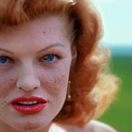 Prompt: natural 8 k close up shot from a 2 0 0 5 romantic comedy by sam mendes of rita hayworth with tears, freckles, natural skin and beauty spots. she stands and looks on the horizon with winds moving her hair. fuzzy blue sky in the background. no make - up, no lipstick, small details, wrinkles, natural lighting, 8 5 mm lenses, sharp focus