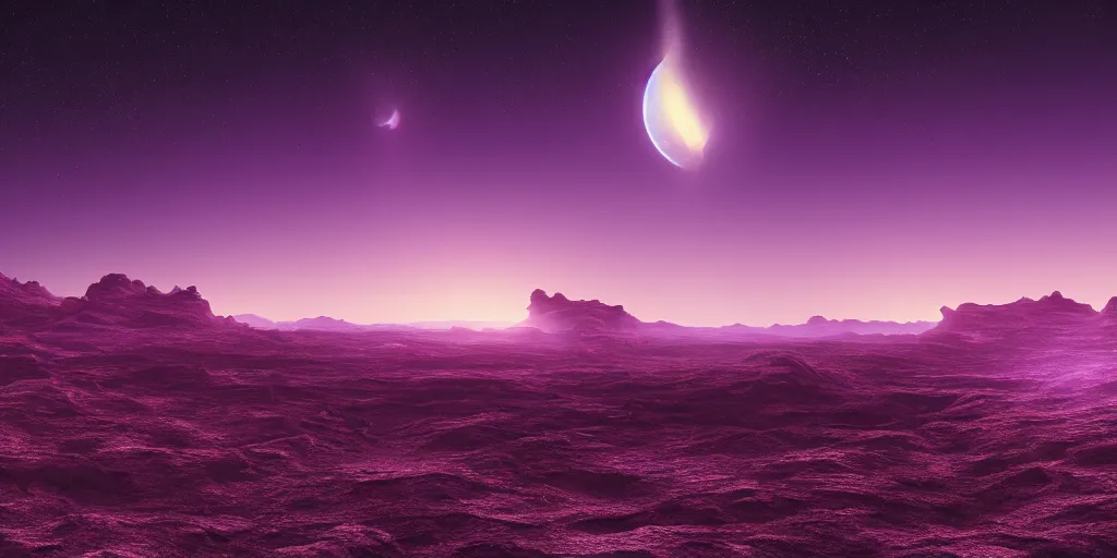 Image similar to very beautiful view of alien planet landscape at dawn, purple sky, science fiction digital art, award winning, trending on artstation, digital art. highly detailed 8 k. intricate. lifelike. soft light. nikon d 8 5 0.