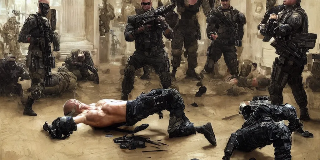 Image similar to strong muscular men soldiers arresting Joe Biden, cyberpunk seal team 6 USA in military uniforms and armed, wearing military stealthsuit (cyberpunk 2077, bladerunner 2049, splinter cell, blackops). Angry handsome face. Pinning down Joe Biden and Nancy Pelosi to the floor in the White House during raid, portrait by john william waterhouse and Edwin Longsden Long and Theodore Ralli and Nasreddine Dinet, oil on canvas. Cinematic, hyper realism, realistic proportions, dramatic lighting, high detail 4k