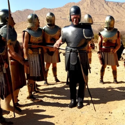 Image similar to joe biden wearing a roman helmet whilest standing infront of a roman army in the desert.