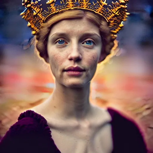 Prompt: photographic portrait of a stunningly beautiful english renaissance female with a fractal crown, in soft dreamy light atd sunset, beside the river, soft focus, contemporary fashion shoot, hasselblad nikon, in a denis villeneuve movie, by edward robert hughes, annie leibovitz and steve mccurry, david lazar, jimmy nelsson, hyperrealistic, perfect face