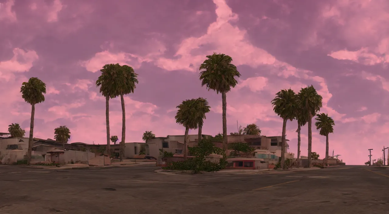 Image similar to gta san andreas evening, pink sky, photorealistic, hyper detailed, hyper realistic, houdini, vfx, unreal engine 5, octane render, 8 k