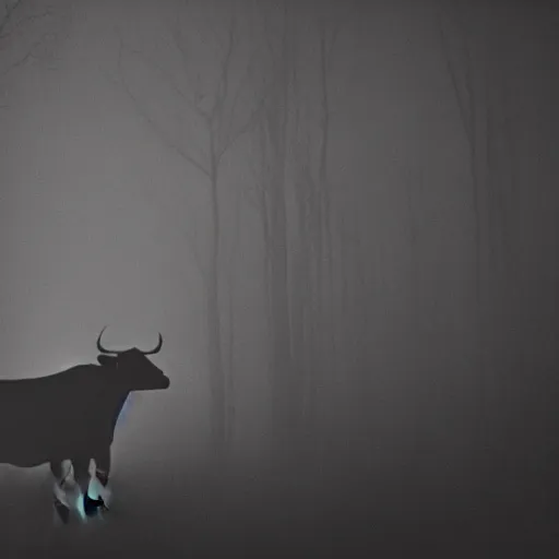 Image similar to low quality photograph of a cow looking at the camera at night, dark, creepy mood, dark forest, low lighting