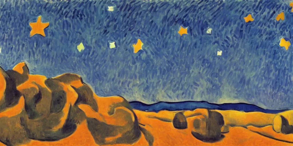 Image similar to desert with sky with stars by henri matisse, cinematic, highly detailed wide, atmospheric lighting