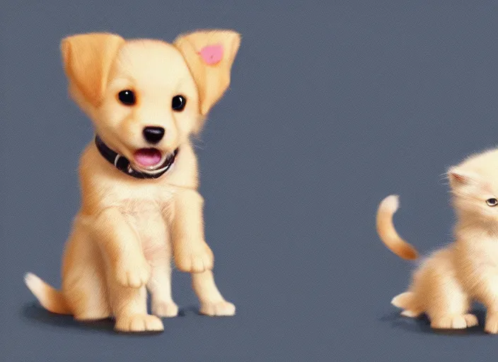 Image similar to A very cute tiny golden retriever puppy and a very tiny and cute white kitten dancing, artstation, r/aww