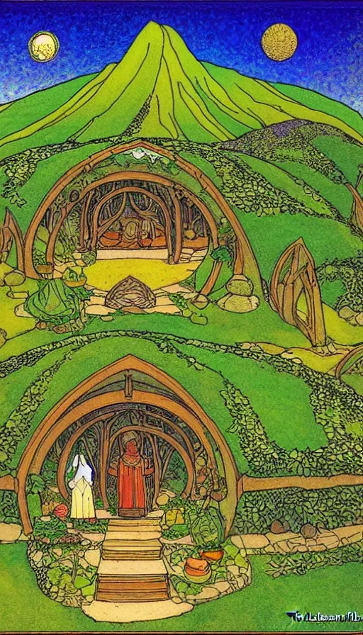 Prompt: hobbit monastery on hawaii, solarpunk, permaculture, by ivan bilibin,