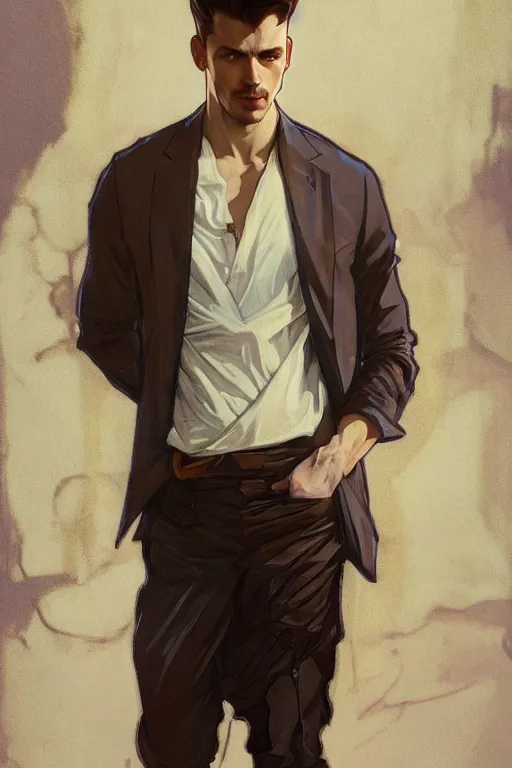 Prompt: full body portrait of a single beautiful young fit man, modern haircut, open shirt, large pants, by greg rutkowski and alphonse mucha, d & d character, in front of a modern room background, highly detailed portrait, digital painting, artstation, concept art, smooth, sharp focus ilustration, artstation hq