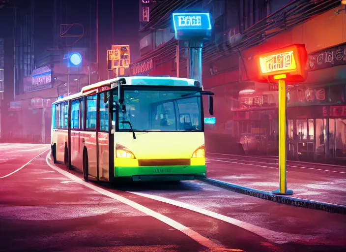Prompt: trolleybus stands at a stop, headlights shine with neon light, atmospheric, futuristic, cyberpunk, ray tracing global illumination, 8 k resolution, ultra detailed