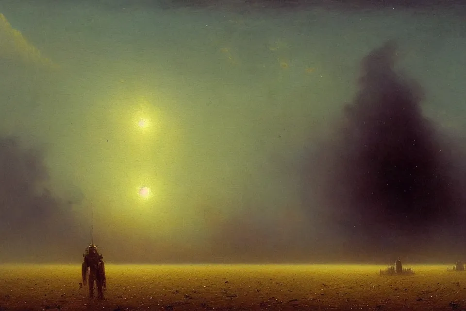 Image similar to sci-fi painting of a large alien city on the vast wheat fields, the closed back view of only one humanoid robot on the ground, by Ivan Aivazovsky, godrays, detailed