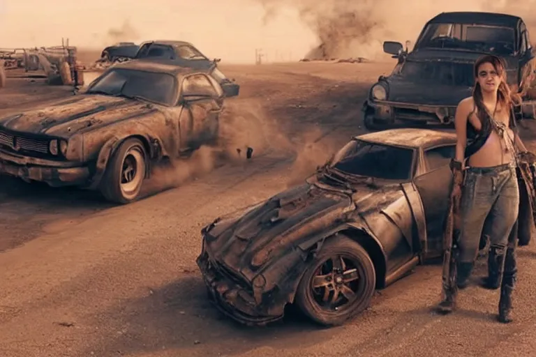 Prompt: Emma Watson driving in Mad Max Road Warrior, rusted, cobbled together Nissan R34 GTR, screenshot, cinematic Eastman 5384 film