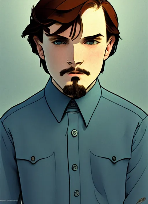 Image similar to art young lenin with razor blade, light blue eyes, pale skin, freckles, sad expression, t - shirt, modern casual clothing, natural lighting, path traced, highly detailed, high quality, cartoon, digital painting, by don bluth and ross tran and studio ghibli and alphonse mucha