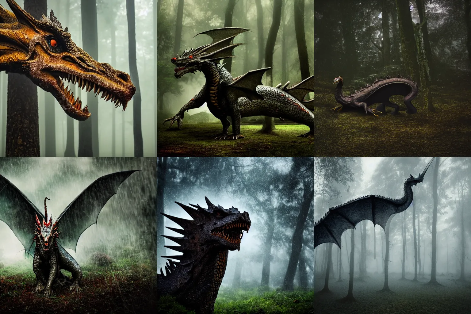 Prompt: a realistic dragon with 5 0 heads in a gloomy forest during thunderstorm, smooth lighting, high contrast, high detail