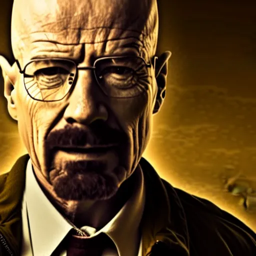 Image similar to breaking bad still frame of walter white in shock with his mouth opened, desert background, breaking bad