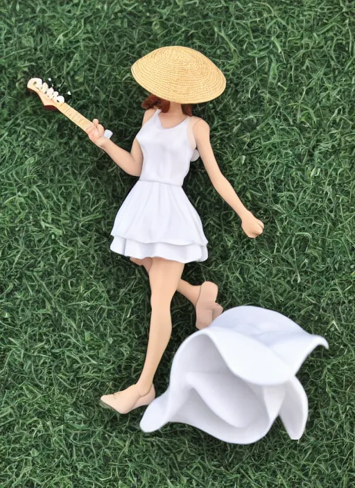 Image similar to Fine Image on the store website, eBay, Full body, 80mm resin figure of a cute girl in straw hat and white dress playing guitar, environmental light from the front