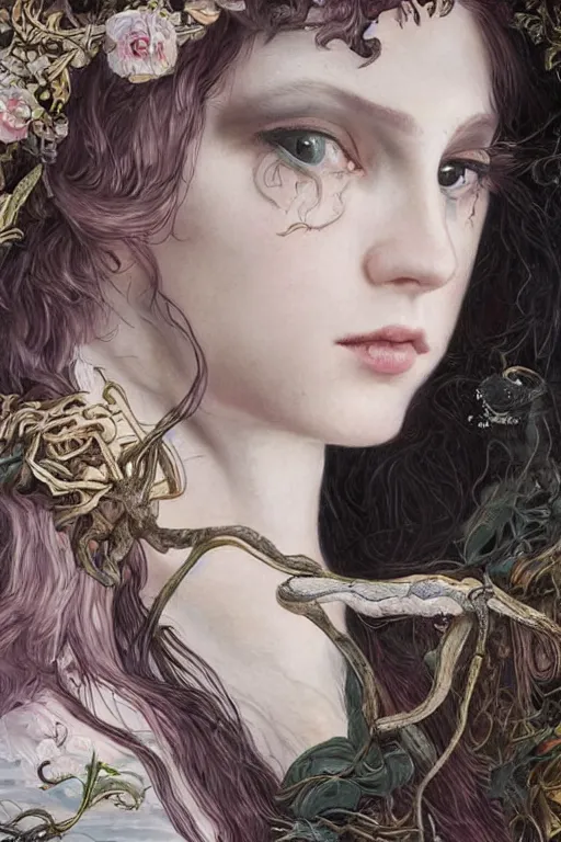 Prompt: An extremely beautiful pre-raphaelite portrait of a cute witch, surreal, ultradetailed, intricate, elegant, digital art painting, artstation, concept art, smooth, sharp focus, illustration, regal, award winning picture, extremely detailed masterpiece, sense of awe, featured on artstation, Artgerm, effervescent punk kawaii-noir pastel bubbles, winning award piece, ethereal rainbows, Aetherpunk, Exquisite details