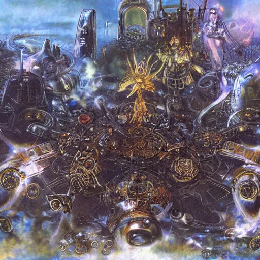Image similar to conceptual art from from final fantasy 7, the steam punk city midgard by master artist yoshitaka amano