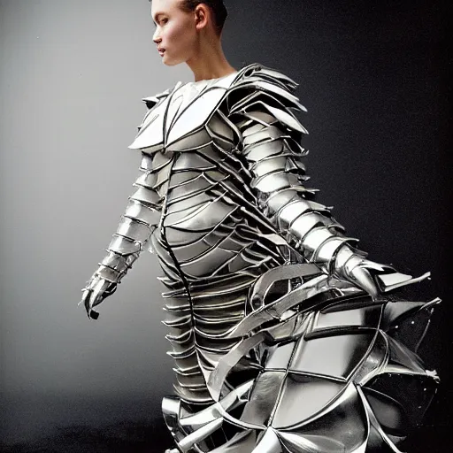 Prompt: Battle armor designed by Frank Gehry, fashion photography