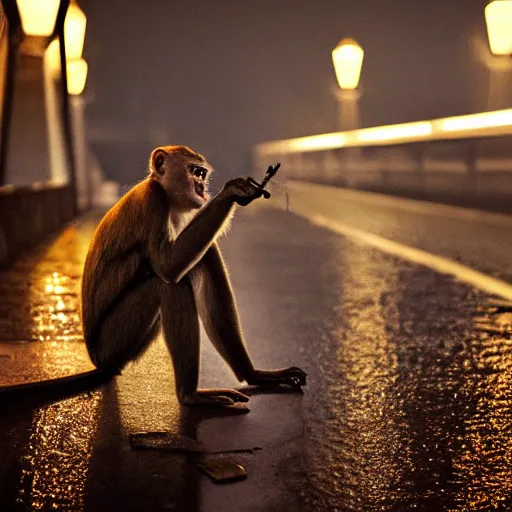 Image similar to contre - jour photo of a monkey smoking a cigarette on a bridge at night under rain, lightened by street lamps, award winning photography