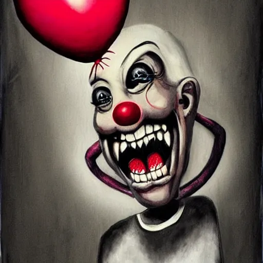 Image similar to grunge cartoon painting of kanye with a wide smile and a red balloon by chris leib, loony toons style, pennywise style, corpse bride style, horror theme, detailed, elegant, intricate