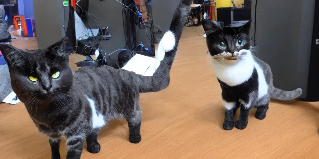 Image similar to a photo of a cat wearing a mocap suit on a volume stage
