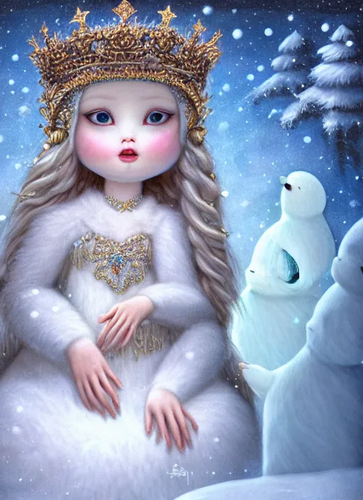 Image similar to highly detailed closeup portrait of an eskimo snow, ice princess wearing a crown and sitting on an ice throne surrounded by fluffy bears, nicoletta ceccoli, mark ryden, lostfish, earl nore, global illumination, god rays, detailed and intricate environment