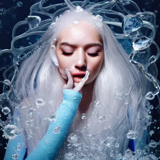 Prompt: female white eye lashes eyes closed partly submerged in rippling viscous clear oil, frost roses, ice needles, blue and lavender tint, complex hyperdetailed technical suit. white hair flowing, frosty breath, sci - fi, futuristic, ultra realistic, wide angle.